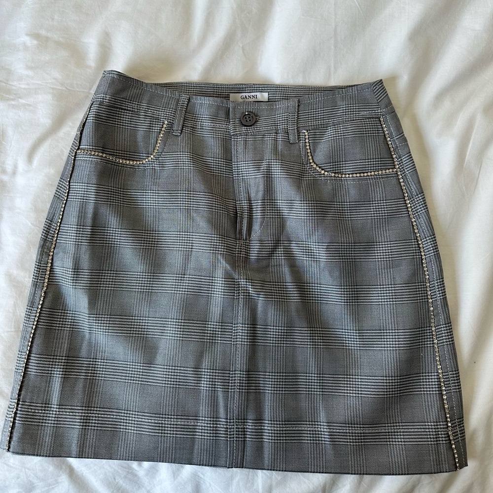 GANNI Houndstooth Mini Skirt with Rhinestone Trim